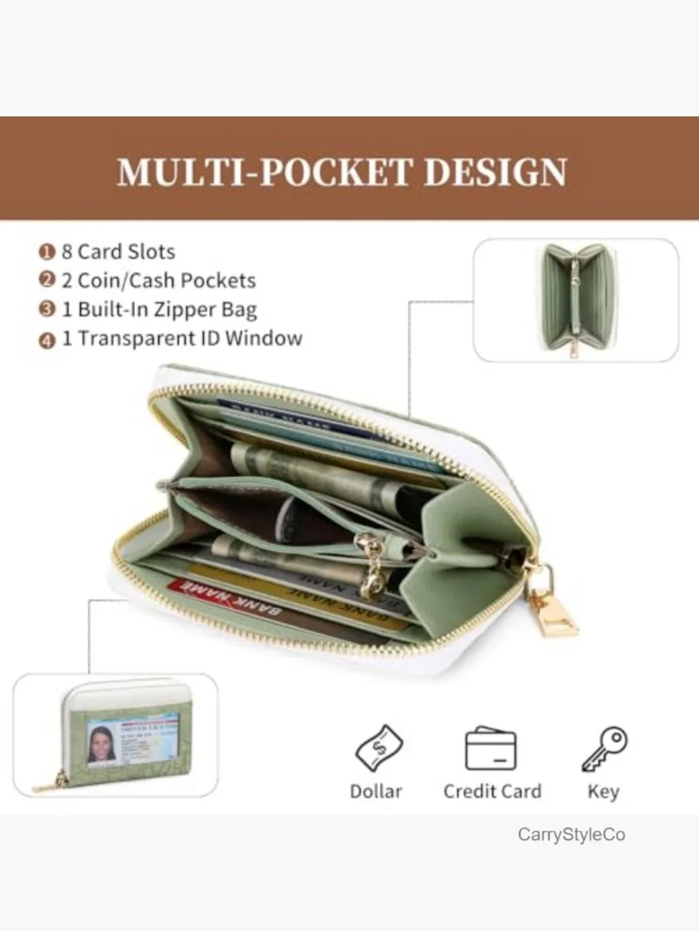 RFID Blocking Credit Card Holder Wristlet Zipper Purse with ID Window